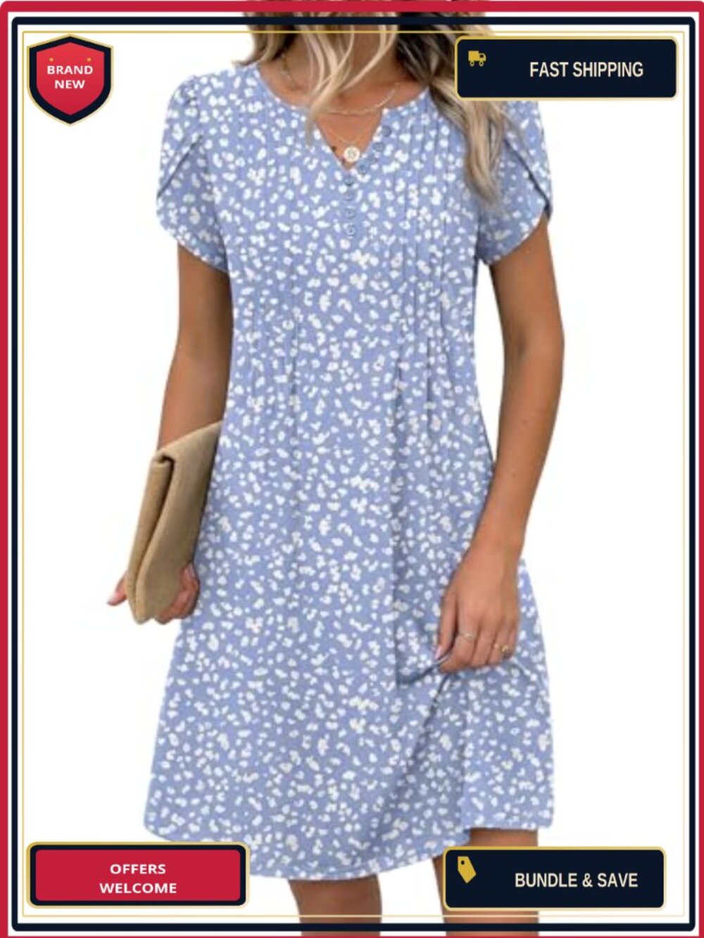 Women's Casual Floral V-Neck A-Line T-Shirt Dress with Pockets Short Sleeve